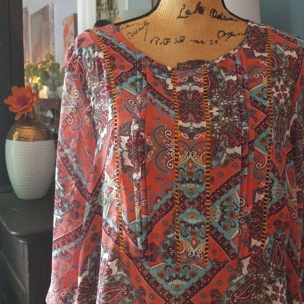 Umgee Coral & Aqua Paisley Floral Print Oversize Semi Sheer Blouse
